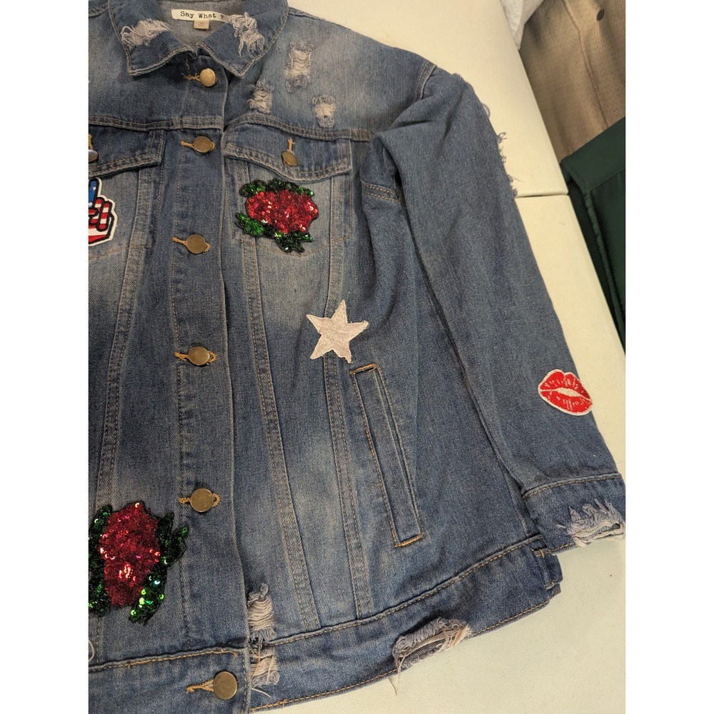 Say What? Oversized Denim Jacket XS Sequin Tiger Rose Patches Distressed Jean - Picture 10 of 16